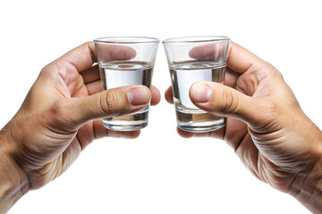 Two hands holding shot glasses filled with clear liquid clinking together in a toast against a black background isolated on transparent background