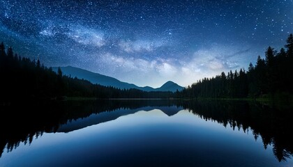 starry night sky over mountain reflection in calm lake surrounded by dark silhouetted forests