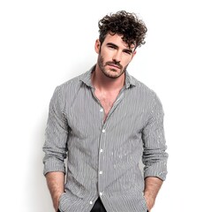 Fototapeta premium Attractive man in a casual shirt posing against a white background