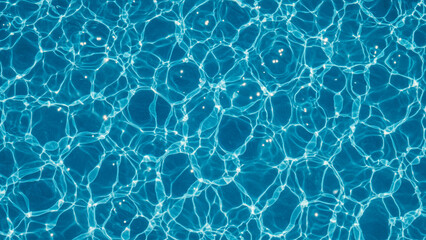 Vibrant Blue Water Surface Texture Capturing Dynamic Ripples and Sunlight Reflections, Creating an Abstract Pattern Ideal as a Background for Concepts of Purity, Summer, Health, and Relaxation.