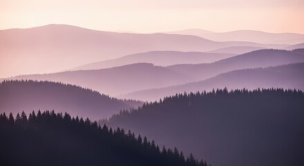 Fototapeta premium Layered mountain ridges covered in trees at dusk with a gentle light haze