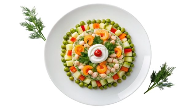 Top view of olivier salad recipe with peas carrots and zucchini on a white plate delicious food on transparent background