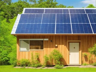 Modern eco-friendly house with solar panels on the roof, surrounded by lush greenery and a well-maintained lawn, showcasing sustainable living and innovative architecture