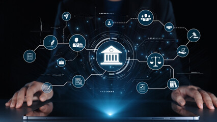 Futuristic digital law interface displaying justice scale, highlighting digital law, AI compliance,...