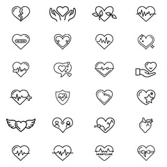 Collection of twenty four heart icons with various designs and styles in a vector format