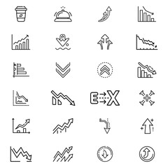 Collection of various business and financial icons representing growth decline and other related concepts