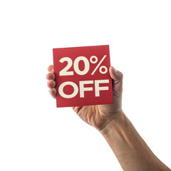 Hand holding a red card with twenty percent off discount isolated on white background