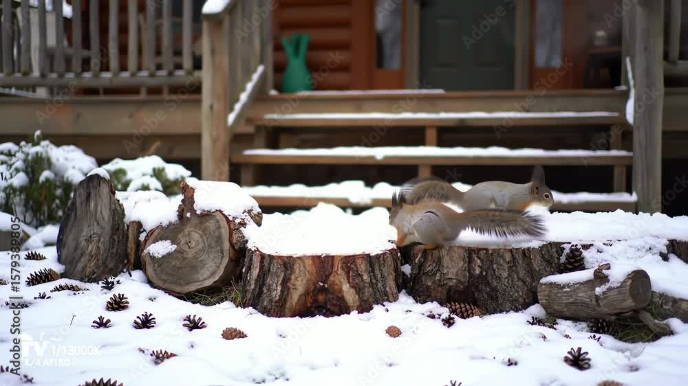 Poster two squirrels on snowcovered logs with pine cones scattered around and a cabin in the background