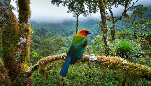 a pompadour cotinga scans the rainforest below