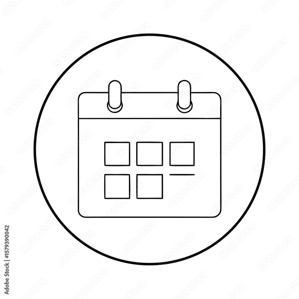 Poster black and white calendar icon inside a circle representing scheduling and planning with a line style