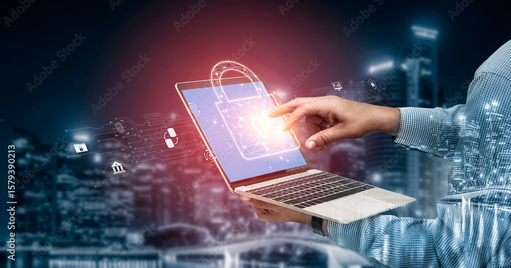 Poster cyber security safeguards data and systems. cyber security uses ai, digital security protects cloud,
