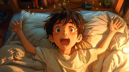 A young boy lies peacefully in bed with his mouth slightly open, immersed in deep sleep or restful tiredness, portraying innocence, vulnerability, and the calmness of childhood rest

