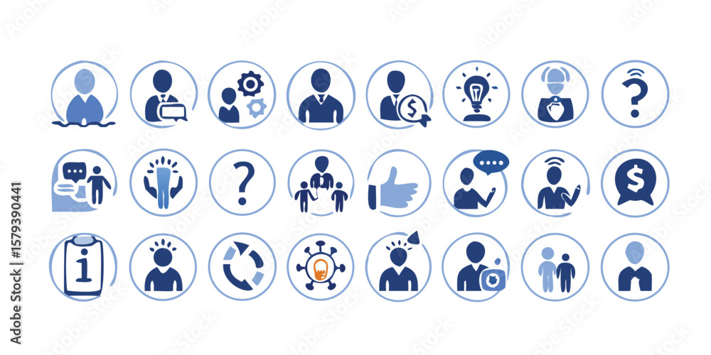 Poster comprehensive icon set for information and support services featuring various styles and colors on t