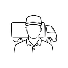 Black and white line art delivery person with truck illustration concept driver cargo