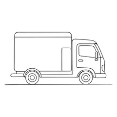 Black and white line art delivery truck illustration side view with box cargo area and cab on white background