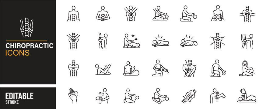 A collection of editable chiropractic icons, showcasing various chiropractic treatment and therapy symbols, including spinal adjustments, pain relief techniques, posture correction, and massage thera - Powered by Adobe