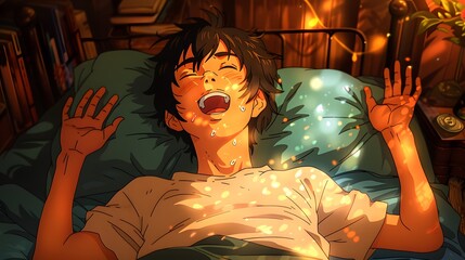 A young boy lies peacefully in bed with his mouth slightly open, immersed in deep sleep or restful tiredness, portraying innocence, vulnerability, and the calmness of childhood rest

