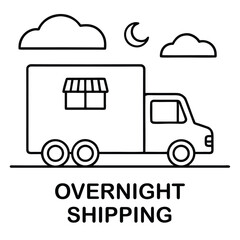 Black and white line art illustration of a delivery truck with clouds moon and overnight shipping text