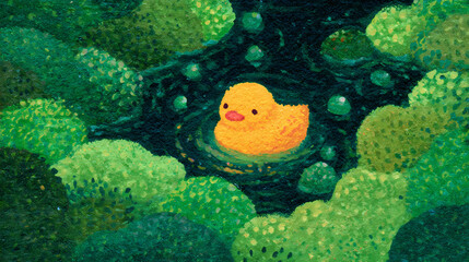 A vibrant hand-painted gouache illustration of a cheerful yellow duck swimming through lush pond reeds. This peaceful nature scene captures the beauty of wildlife habitats, perfect for children's