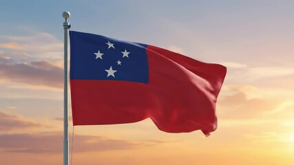 The Samoan national flag fluttering in the early morning breeze, centered against a soft, pastel-toned sky.