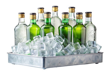A collection of green and clear glass liquor bottles chilled in a metal ice bucket filled with cubes isolated on transparent background