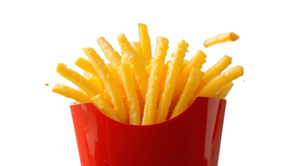Golden french fries fill a red container, a delicious and tempting fast food treat isolated on transparent background