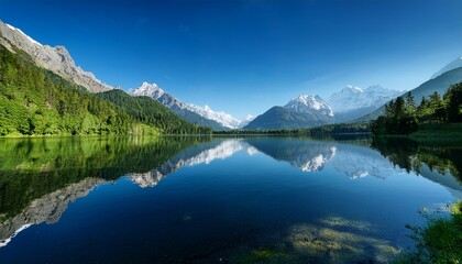 serene lake reflecting lush mountains under a clear sky