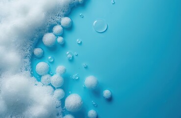 Close-up detergent foam bubbles in water. White soap suds on blue background. Soap sud, lather texture, shiny, clear, fresh, wet, clean. Laundry, cleaning, hygiene concept, skincare, cosmetics.