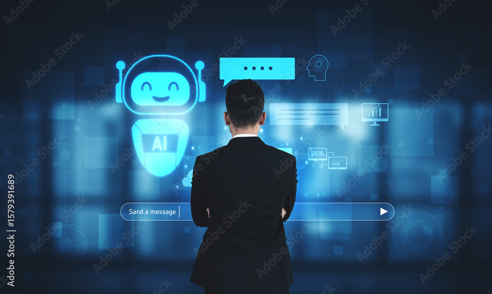 Poster ai chatbot improves virtual assistant interaction. ai chatbot processes text, supports users, ai cha