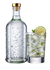 Clear glass bottle of chilled clear liquid with condensation next to a refreshing cocktail with ice lime and mint isolated on transparent background
