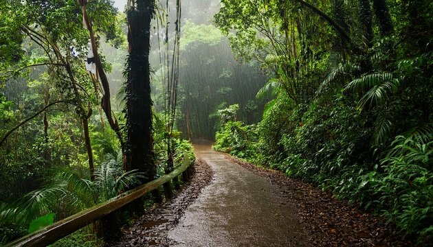 monsoon forest path rainstorm lush foliage wet ground natural trail tropical ecosystem