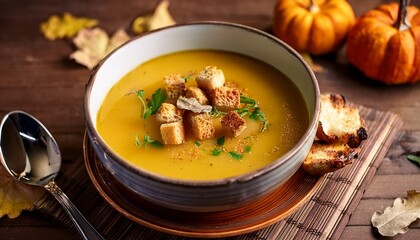 hearty autumn soup a tantalizing bowl of warm soup artfully garnished with golden croutons and fragrant herbs evoking the flavors of fall in a cozy and inviting setting