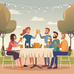 Group of friends toasts with beer at lively outdoor dinner party