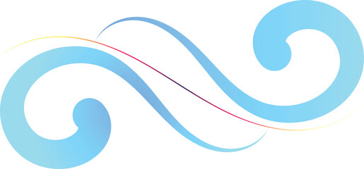 This image features flowing, stylized blue waves against a white background set.