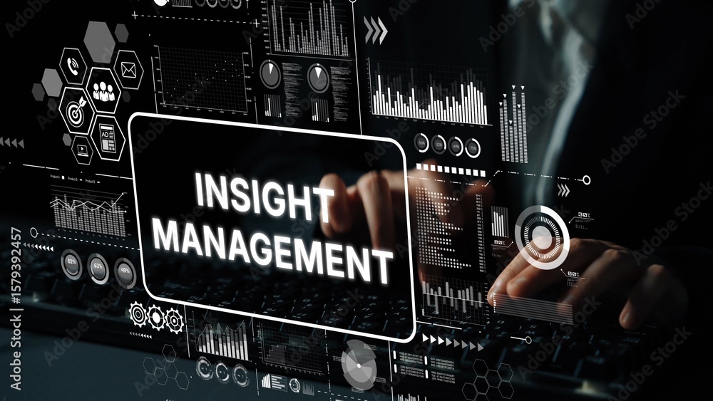 Poster insight management concept with digital data visualization and business analytics in background for 