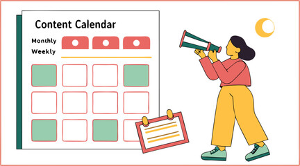 Creative illustration of a person using a megaphone to announce content plans on a monthly and weekly calendar with a crescent moon in the background