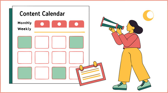 Creative illustration of a person using a megaphone to announce content plans on a monthly and weekly calendar with a crescent moon in the background