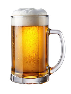 Refreshing cold beer in glass mug with foam head perfect for summer drink ads on transparent background