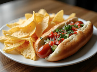 Gourmet Veggie Hot Dog with Fresh Salsa and Crispy Corn Chips on a Plate
