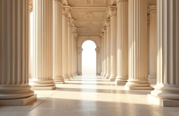 Illustration ancient hall with tall columns. Classic architecture, temple exterior, historic interior hallway perspective, archway, stone. Light shines through arch. Travel tourism destinations.