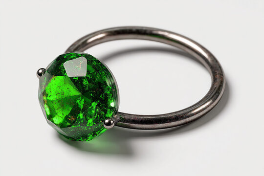 A photorealistic earring with minimalism-inspired green circular gem