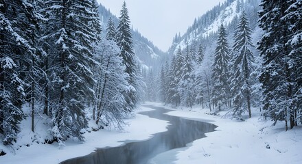 Winter Wonderland: Partially Frozen River Winding Through Snow-Covered Pine Forest and Icy Mountains