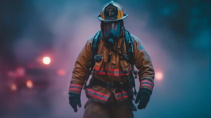 A firefighter in uniform and mask walks through smoky surroundings equipped for an emergency response