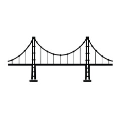Obraz premium Black and white vector illustration of a suspension bridge with cables and towers isolated on white background