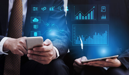 Data flow from database and cloud to processing and analytics dashboards, representing data...
