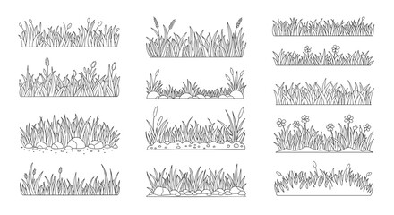 Collection of black and white vector illustrations of lush grass and plants for landscape design and nature projects