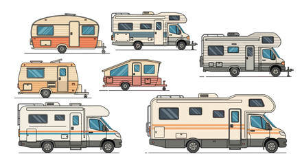Collection of vintage style rvs and travel trailers in retro pixel art design representing outdoor adventures