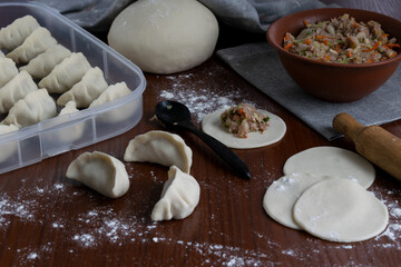 Making gyoza dumplings at home with pork and vegetable filling visible stages of shaping and...