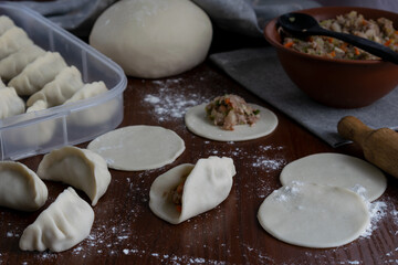 Homemade Japanese pork gyoza dumplings process close up with raw folded and unfolded wrappers on wooden board floured surface and visible filling in bowl next to dough ball kitchen shot