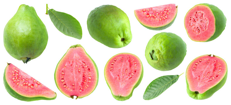 Collection of green guava fruits with pink flesh isolated on white background